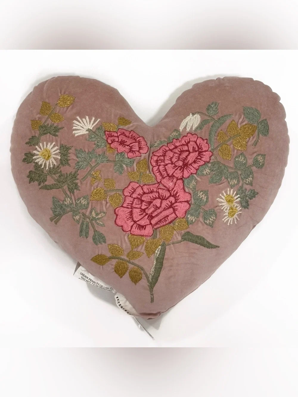 Pottery Barn Nude Blush Velvet Floral Embroidered Heart Pillow | 14x13